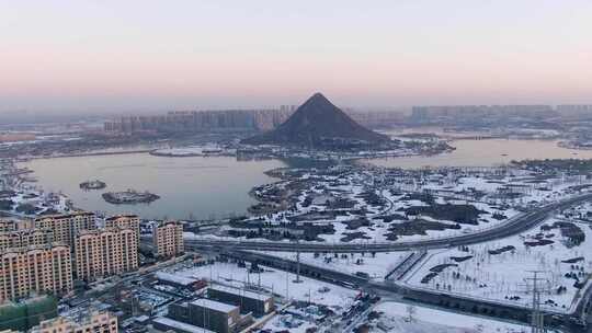 山东济南华山湖雪景航拍