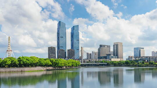 湖州城市天际线天空云倒影背景延时摄影8K