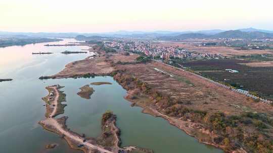 航拍冬季白昼惠州横沥东江边城镇乡村场景