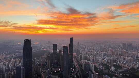 广西南宁东盟商务区夕阳晚霞航拍华润地标