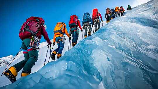 登山者攀登雪山队伍行进