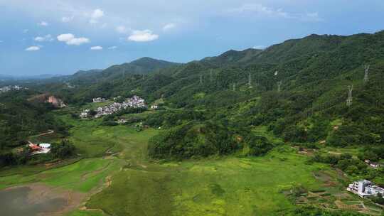 山区村庄大山电线塔陆川石产水库西山