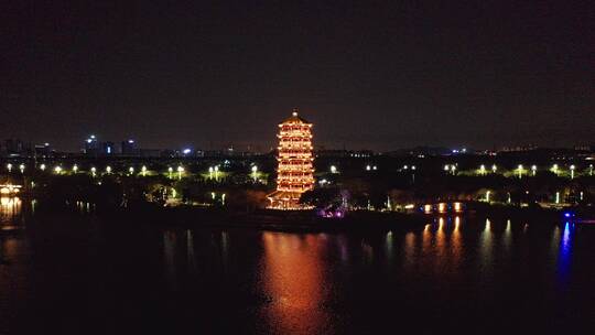 东莞航拍华阳湖湿地公园华阳塔夜景前进2