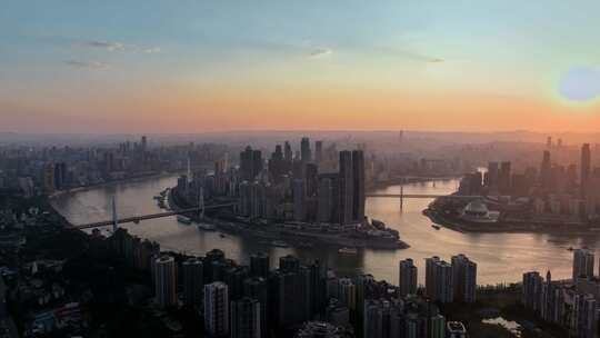 重庆来福士晚霞夜景航拍