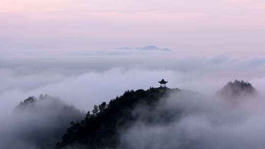 大气意境航拍日出云海山顶亭子