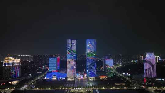 江门五邑华侨广场夜景航拍蓬江万达广场夜景