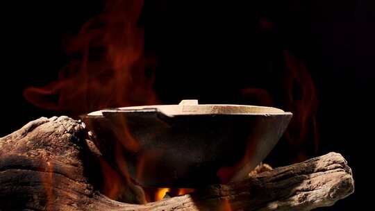 木柴柴火燃烧上的铁锅