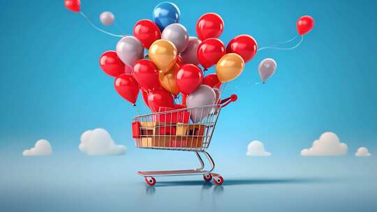 蓝天白云下的双十一电商购物节购物车、气球视频素材模板下载