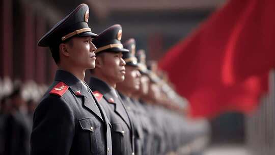 中国人民解放军战士庄严列队迎国旗