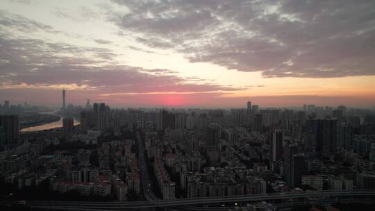 广州珠江城市高楼建筑群日出朝霞云彩航拍
