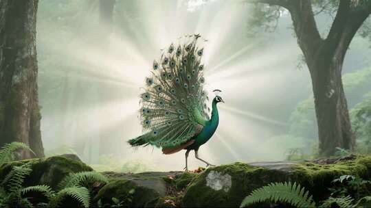 森林中开屏的孔雀
