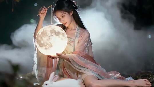 古装女子手持月亮灯笼场景