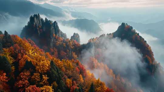 秋天云雾中的稻城山区风景