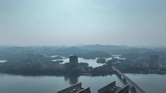 惠州市西湖风景区大景航拍逆光风景东江河流