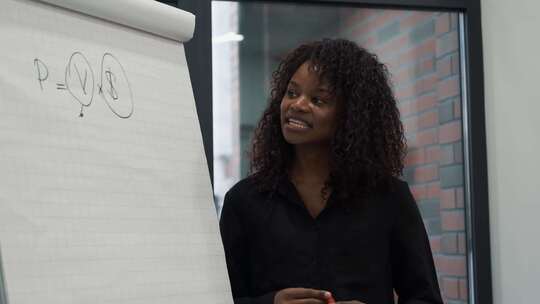 黑人商业女性团队负责人在黑板上展示创意的项目策略
