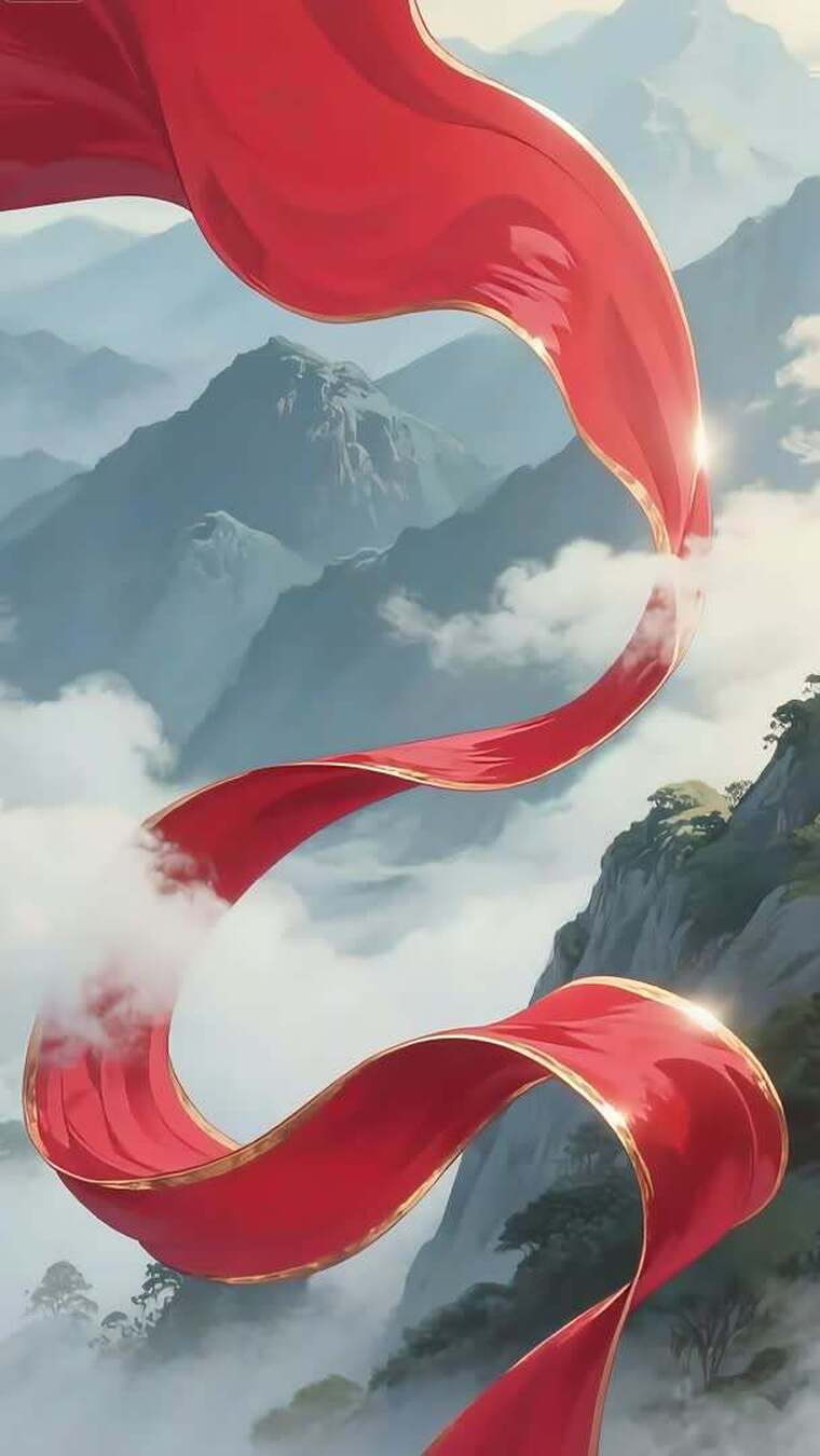 山间飘扬的红色绸带
