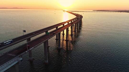 山东青岛胶州湾跨海大桥日出日落视频素材模板下载