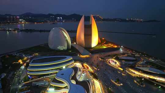 广州珠海日月贝大剧院情侣路海滩夜景航拍