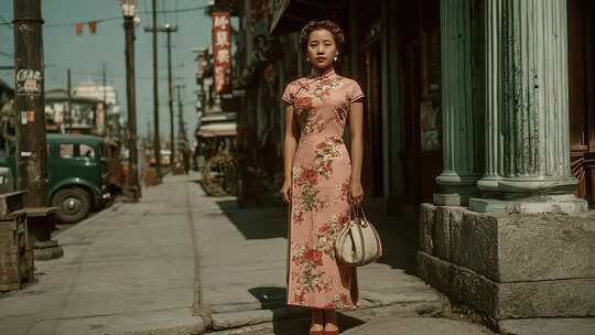 旗袍女子漫步于老上海街头