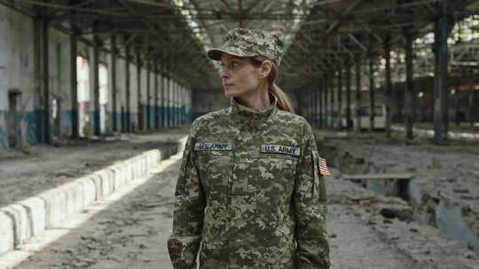 站在废墟中的美国女兵