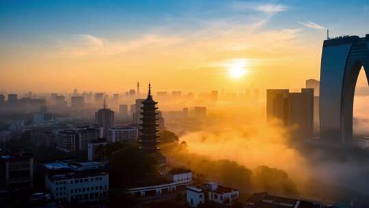 苏州东方之门北寺塔航拍日出云海延时ai素