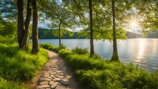 湖畔林间石子小路风景