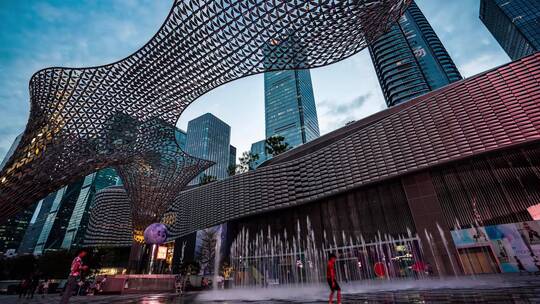 延时深圳商业中心城市喷泉夜景