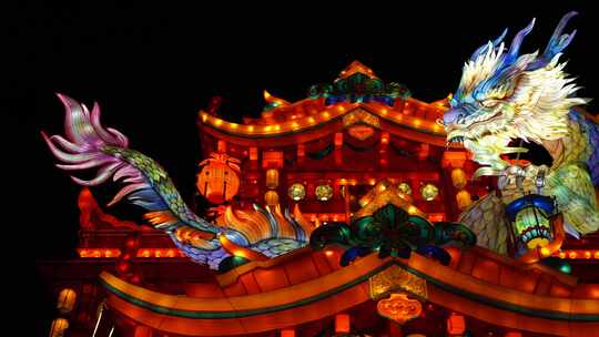 中国秦淮灯会南京白鹭洲公园的龙年龙花灯视频素材模板下载
