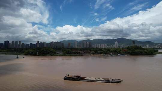 浙江温州瓯江城市高楼建筑蓝天白云航拍