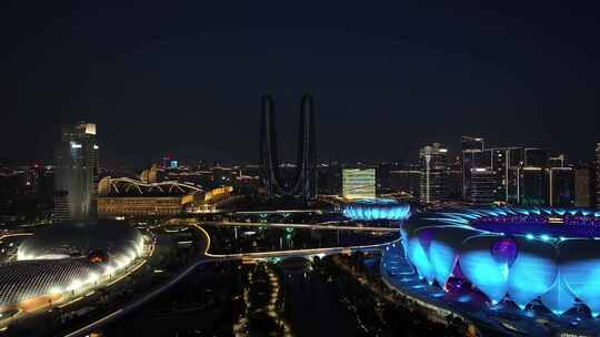 航拍杭州奥体中心夜景