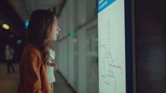 亚洲女人指着铁路地图。在总站找到铁路路线