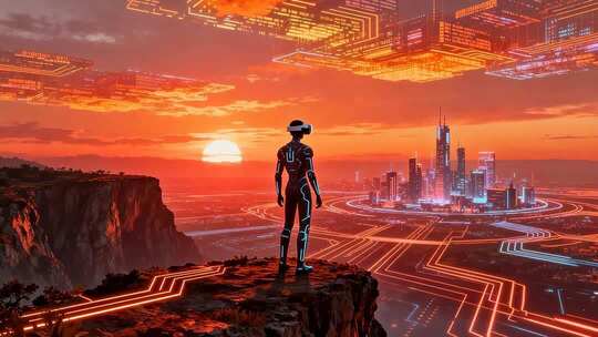 戴VR设备者眺望未来科技城市