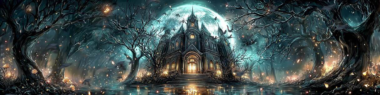 魔幻森林中的神秘城堡夜景