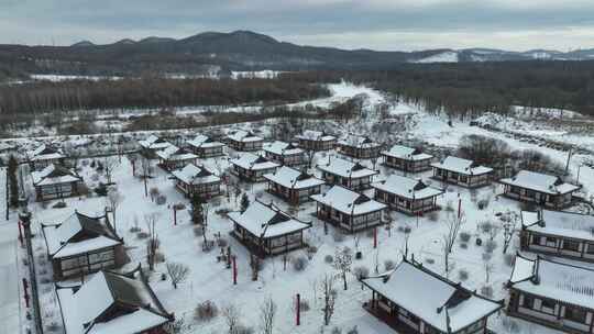 长白山百花谷朝鲜族古村落航拍冬季风光