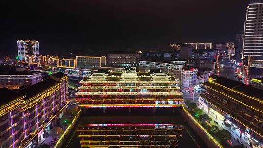 湖南怀化通道廊桥侗族廊桥风雨桥夜景航拍