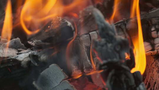 篝火中燃烧的木头特写镜头