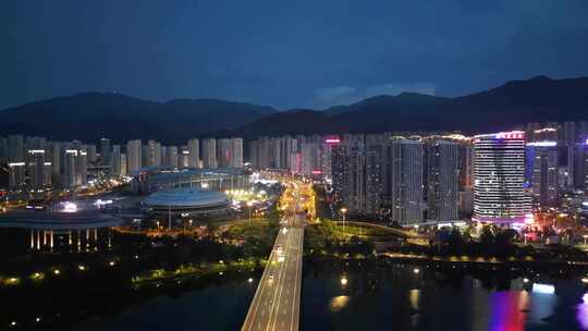 航拍福建三明建设三明夜景