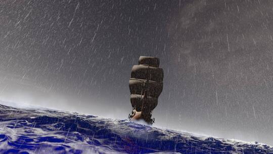 帆船在暴风雨中海上颠簸前行