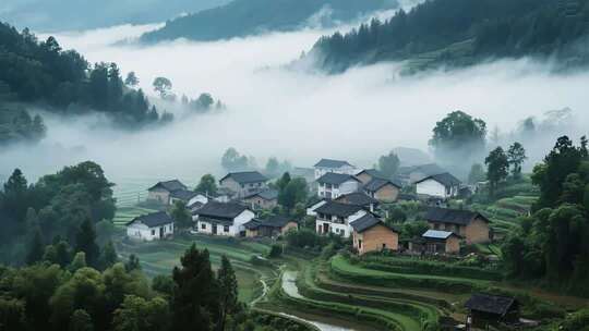 迷人梯田与古村落全景航拍