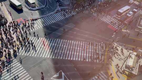 俯拍城市红绿灯路口人群过马路壮观场景