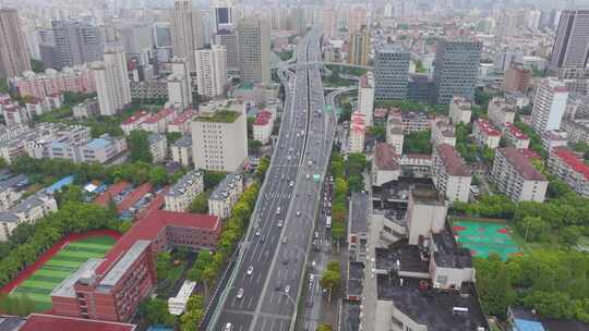 上海市杨浦区邯郸路航拍车流交通大柏树立交