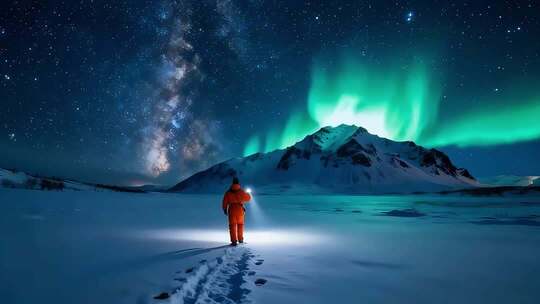 雪地中人观赏极光星空
