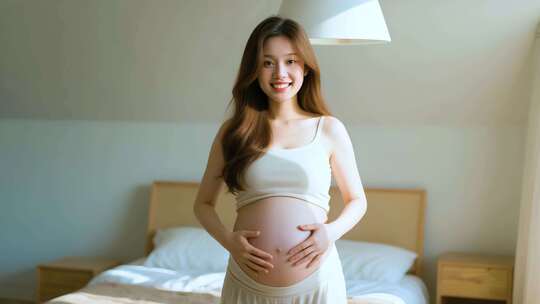 孕妇卧室双手抚肚微笑