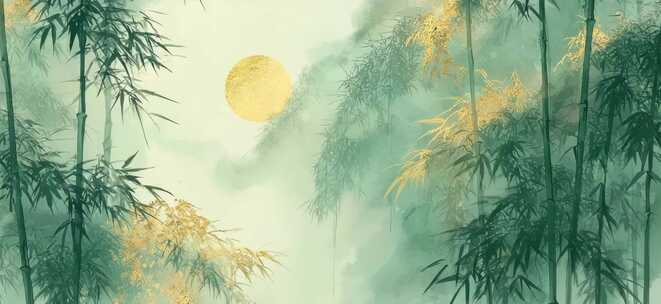 竹林日出中国风风景画面