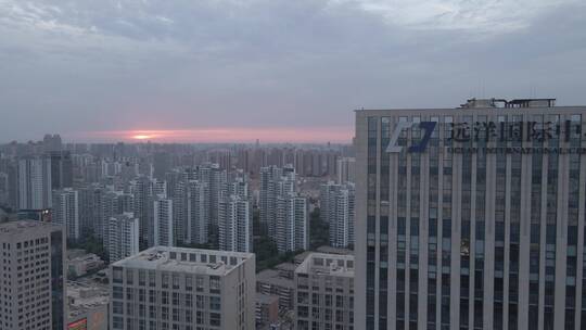 航拍天津城市晚霞夜景