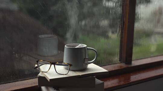 窗外下雨屋内泡着红茶放着眼镜