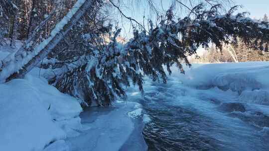 阿勒泰禾木冬季冰雪河流瀑布航拍风景