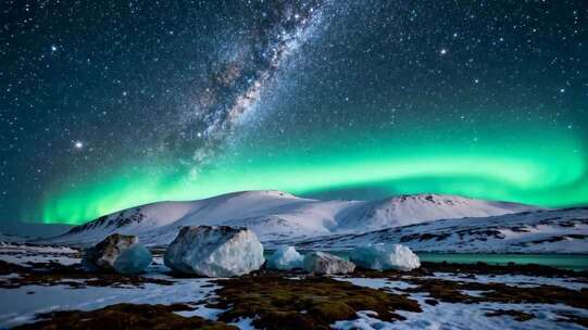 雪山星空下的极光美景