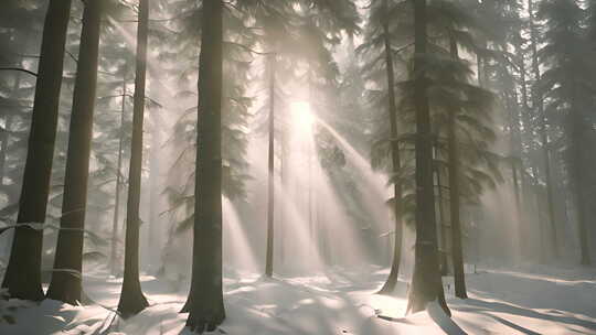 冬天梦幻唯美的清晨森林景观