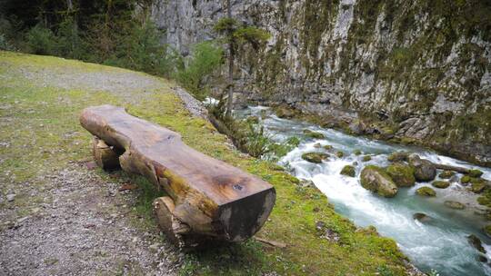 河景中的旧木凳